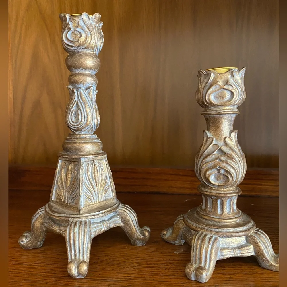 Mervn’s Vintage Ornate Taper Candle Holder Set of 3 | Scrolled Base Gold Washed